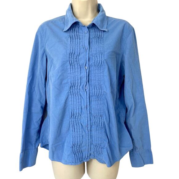 Vintage Talbots Corduroy Button Up Top Medium Blue Pin Tuck Pleat Fine Wale Y2K - Picture 1 of 13